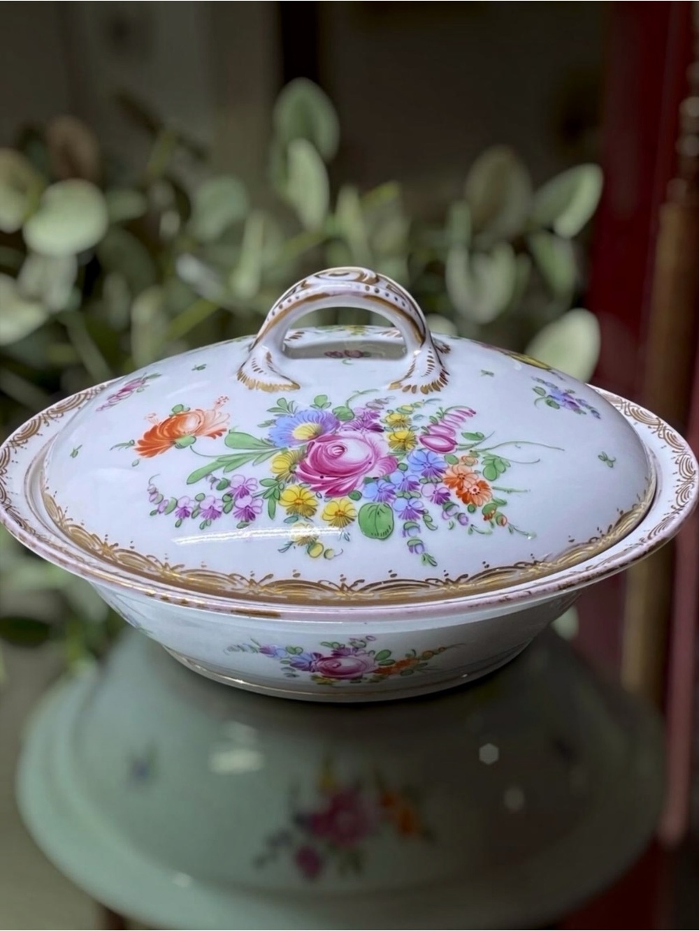 Antique Dresden Covered Bowl Helena Wolfsohn 1843-1878 Script D Under Crown 9”